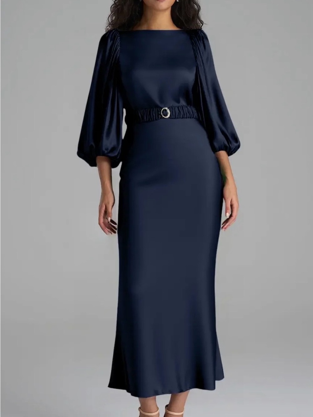 Navy Satin Midi Dress with Puff Sleeves and Belt